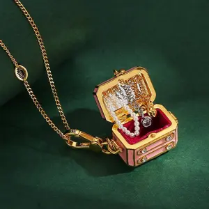 Mini Pink Jewelry Box Locket, Openable Wardrobe Charm with Tiny Necklace Inside, 18K Gold Plated Brass, Aesthetic Coquette Accessory, Surprise Gift for Her