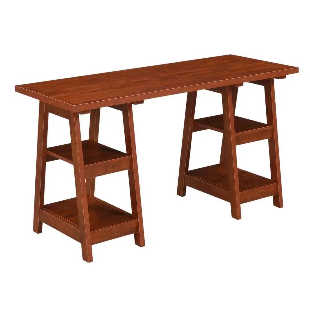 Modern Double Trestle Desk With Shelves In Distressed Finish