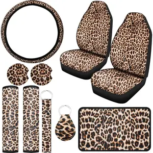 10 s Leopard Print Car Decorations, Includes Leopard Front Seat Covers, Steering Wheel Cover, Leopard Car Coasters, Armrest Pad Cover Seat Belt Pads and Keychain Wrist Strap for Universal Cars