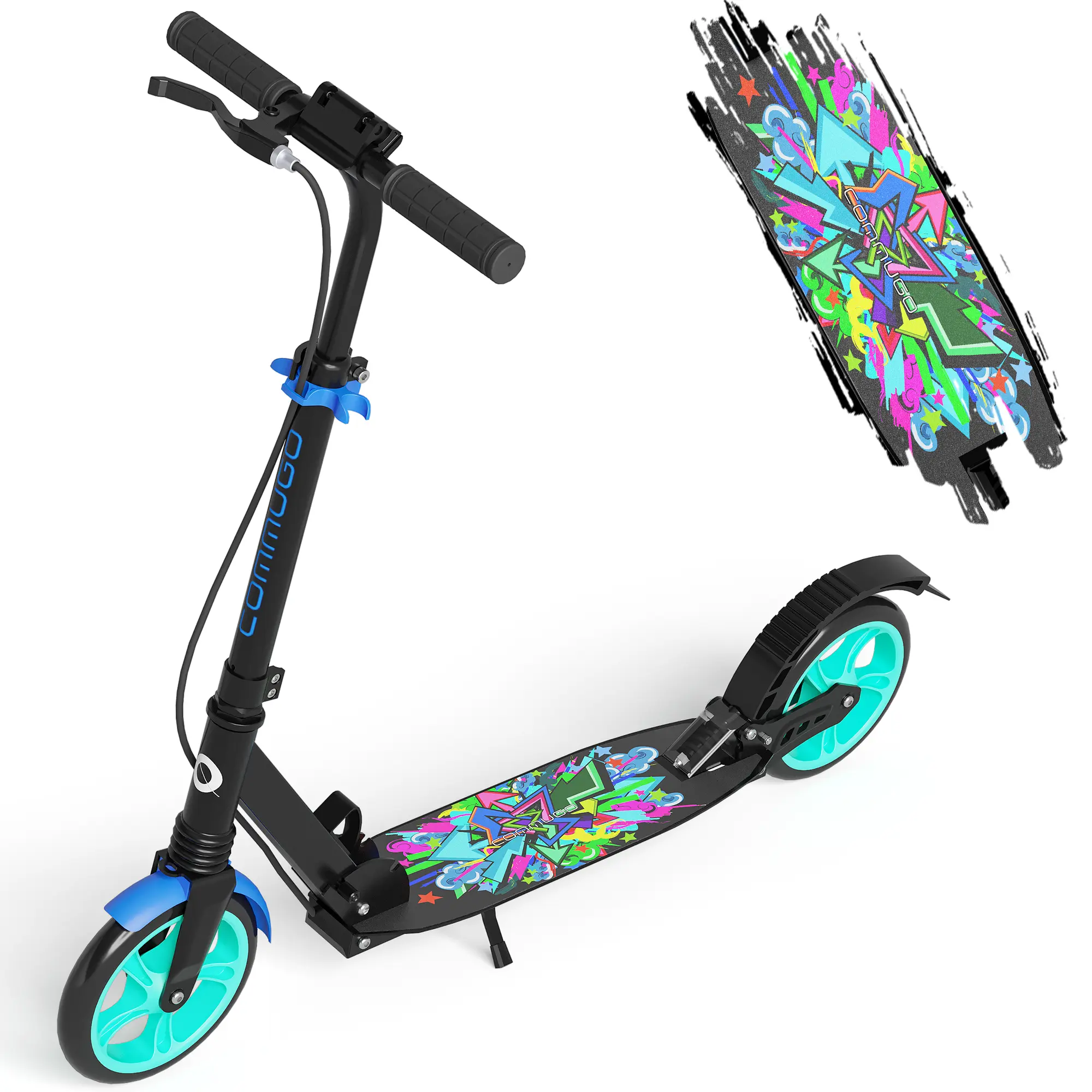COMMUGO T2 Multifunctional Kids Kick Scooter - Halloween Trick-or-Treat, School Use, 6+ Ages, Foldable Aluminum, 12 lbs, Height-Adjustable Handlebar, Dual Brakes, Shock System, Wide Deck, Bell Alert, 240lbs Max Load, Scooter for Adults, Patented Foot-Fold