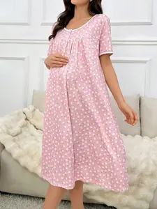 Maternity Ditsy Floral Loose Short Sleeve Nightgown Pastoral Style Scoop Neck Summer Multicolor Geometric Plants All Over Print