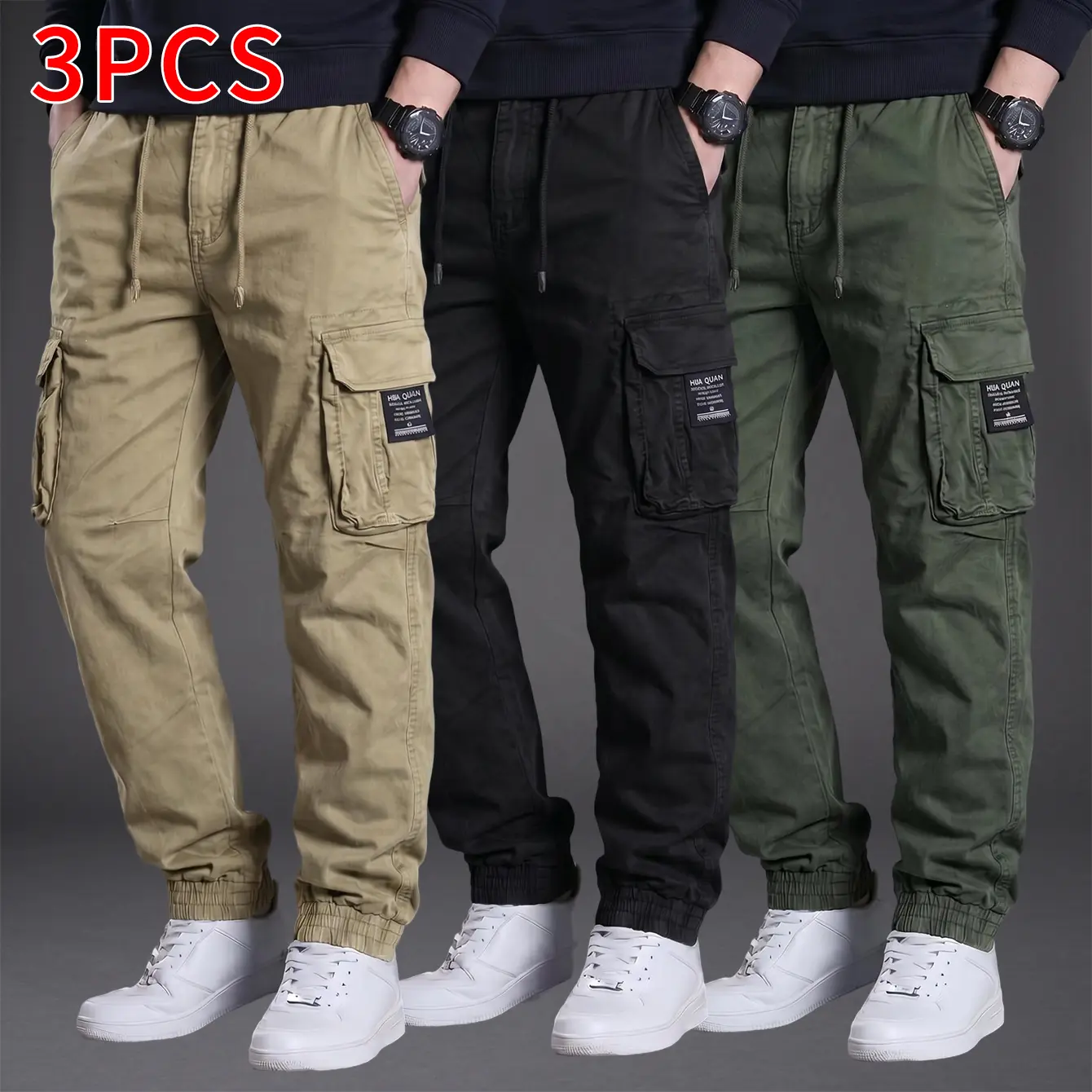 3-pack black-label cargo jogger pants with large pockets, elastic waistband with drawstring, men’s casual versatile commuter long pants
