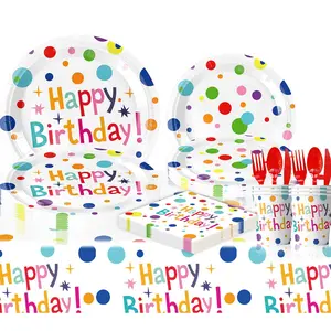 New colorful polka dot birthday theme party set: paper cups, paper plates, paper napkins, cutlery, spoons, disposable party decorations