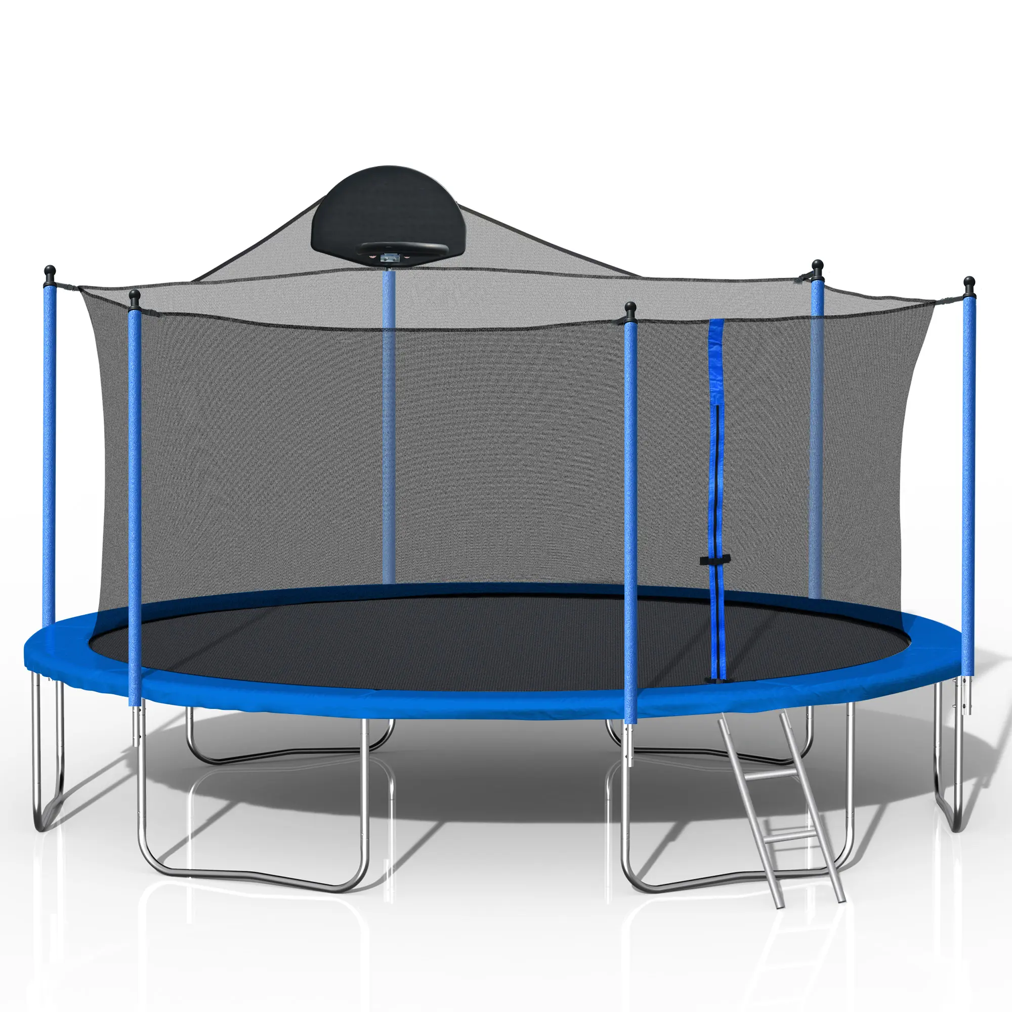 14FT Outdoor Trampoline with Basketball Hoop, Ladder, and Safety Net – Blue PE Cover, 72 Springs, 6 Legs, 240LBS Max Load, Metal Frame for Backyard Fun