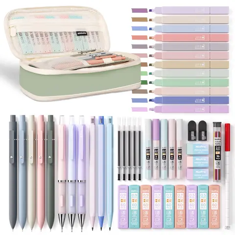 Nicpro 50-Piece Aesthetic Stationery Set with Pen Case - 5 Quick-Dry Retractable Black Ink Pens, 12 Pastel Highlighters, 6 Pastel Mechanical Pencils (0.5-0.7-0.9-2.0 mm) for Students