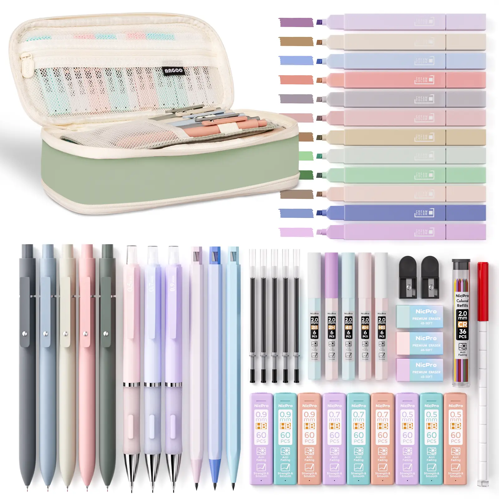 Nicpro 50 Pack Aesthetic School Supplies with Pen Case, 5 Quick Dry Retractable Black Ink Pens, 12 Pastel Highlighters, 6 Pastel Mechanical Pencil Set