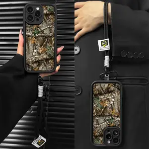 Cool Trendy Woodland Tree Bark Camo Aesthetic Lanyard Phone Case for iPhone 17 16 15 14 Pro Max 13 12 11 XR XS Plus Air Slim Shockproof Anti Drop Protective Anti Scratch Lightweight TPU Cover