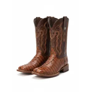 Men Wide Square Toe Cognac  Print Boots