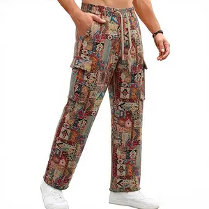Ethnic tribal print wide-leg casual loose pants | Bohemian patchwork loose long pants | Drawstring waist cargo jogger pants | Unisex retro street style | Comfortable bohemian long pants