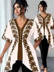 Plus Size Women's V-Neck Short Sleeve Button Front Print Shirt, Womenswear, Perfect for Spring and Summer Wear, Stylish and Comfortable Clothing