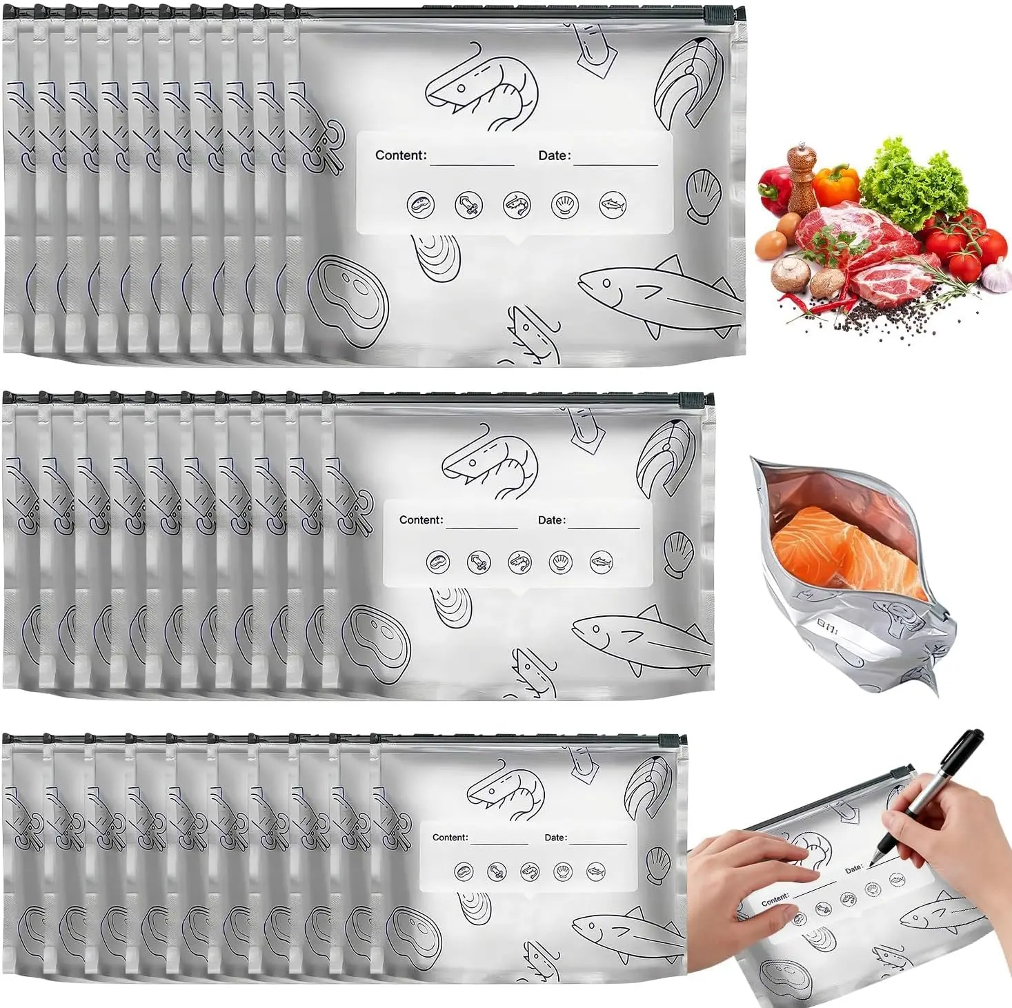 30 reusable aluminum foil sealed storage bags, thickened vertical aluminum foil sealed bags with labels and zipper locks, aluminum foil bags for food, vegetables, fruits, and meat (10 * S+10 * M+10 * L)