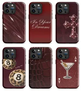 Aesthetic Y2K 8 Ball Faux Fur Dual Layer Case, Faux Crocodile Leather Burgundy Cover, Flat 2D Martini Glitter Red Back Cover, Edgy Lucky Girl Heavy Duty Drop Protection