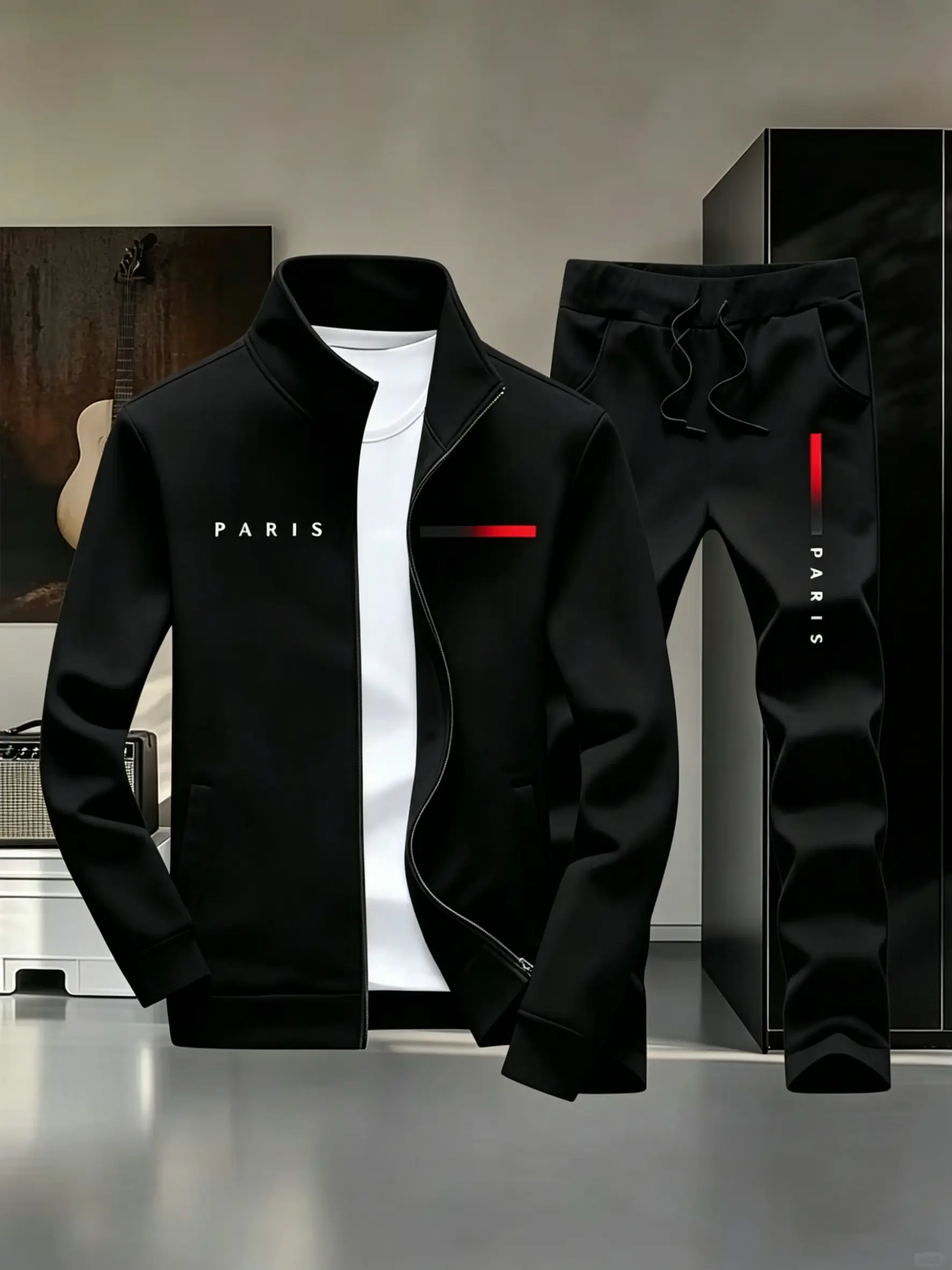 Men's 2-Piece Tracksuit, Casual Fit Streetwear Set with PARIS Letter Print Zip-Up Jacket and Jogger Pants, Tracksuits, 2 Piece Mens, Casual Athletic Sportswear, Jackets Zip Up, Long Sleeve