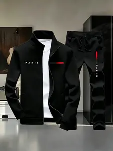 Men's Streetwear Tracksuit 2-Piece Set with PARIS Letter Print, Zip-Up Jacket and Jogger Pants tiktokshopspringglowup