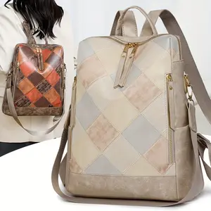 Women's Large Capacity Backpack - College Style, Argyle Pattern, Colorblock Design with Adjustable Straps and Zipper Closure in Khaki/Brown/Cream/Black, Travel Shoulder Bag | Trendy Backpack | Zipper Closure Bag, Backpack Purse