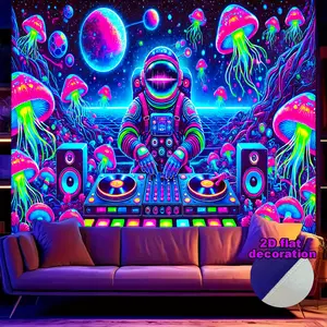 2D Flat Fluorescent Tapestry with Neon Celestial Astronaut Print, Bedroom Decor & Accessories for Teenagers, Living Room Decorations, Versatile Wall Hanging for Home Supplies, Porch Holiday Door Flag, Room Decor, Bedroom Accessories