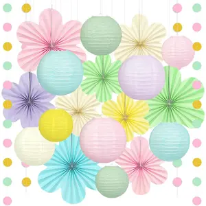 Spring Hanging Decorations - 20Pcs Pastel Party Decorations |   Paper Lanterns & Flower Fans Set with Glitter Garland for Pastel Classroom Decor, Office, Baby Shower, Wedding & Easter Wall Decor