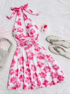 Women's Floral Print Halter Neck Dress, Boho Sleeveless A-line Short Dress for Beach Holiday Vacation, Ladies Summer Clothes, Casual Boho Chic