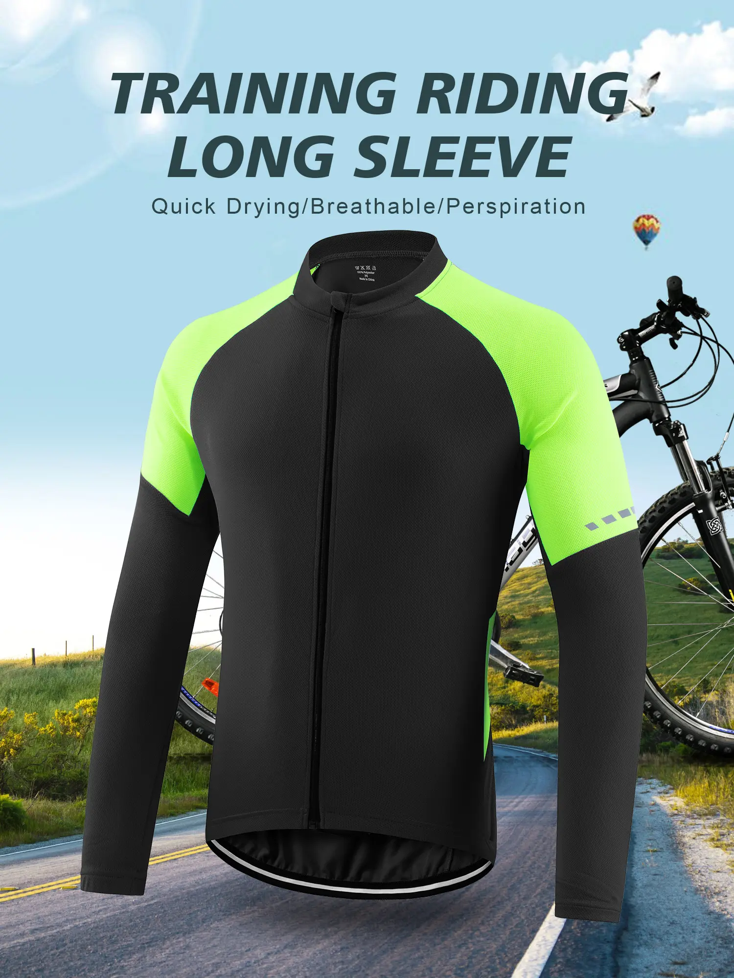 Men’s long-sleeve cycling apparel featuring a full zip design; quick-drying, breathable, sweat-wicking, and sun-protective cycling top with reflective markings and rear pockets; suitable for outdoor sports cycling activities.