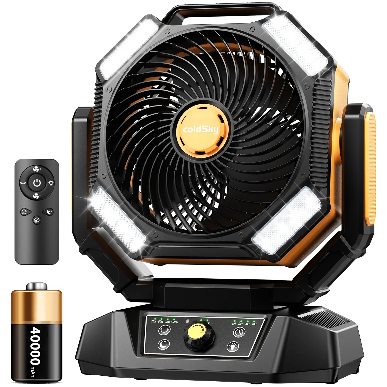 coldSky 40000mAh Handheld Portable Camping Emergency Fan - Upgraded Outdoor Rechargeable Personal Fan with 4 LED Lights, 8 Speeds, Remote Control, Portable for Tent, Office (Black-Yellow), Handheld Portable Fan