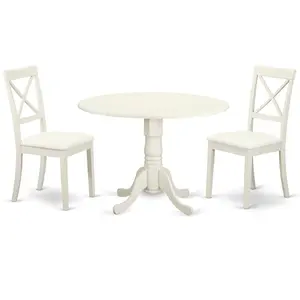 White Dining Set, Round Drop Leaf Table, X-Back Chairs, 2-Person, Faux Leather