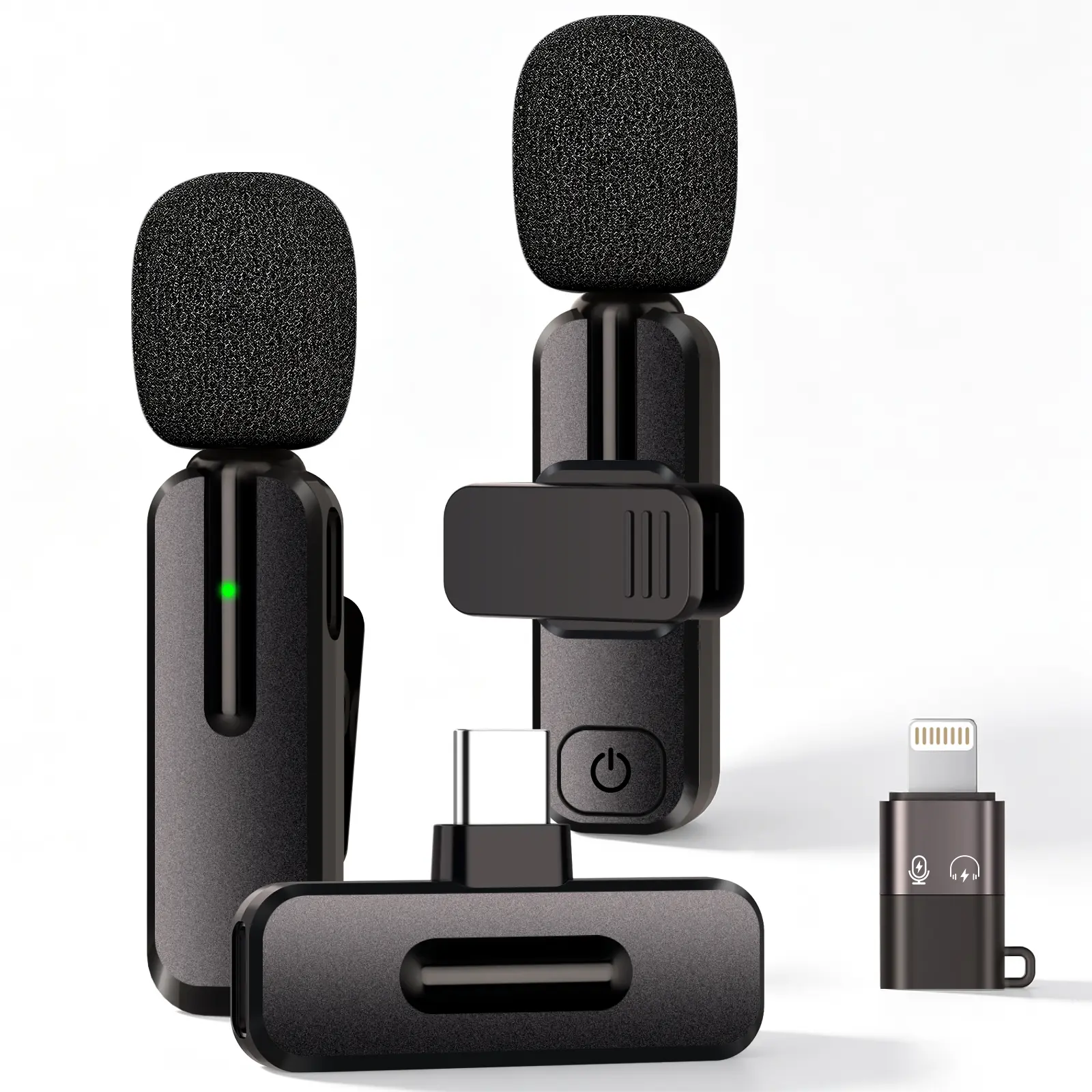 2 Pack Wireless Lavalier Microphone for Podcast & Interview, Dual Mic Real-Time Monitoring USB-C Lightning, Noise Cancelling for iPhone Android
