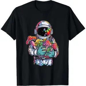 Menswear Cotton Short-Sleeve Graphic T-Shirt - Trippy Astronaut Art, EDM Mushroom Psychedelic Design, Fashion Sports Rave Outfit, Natural Fabric, Black, Small