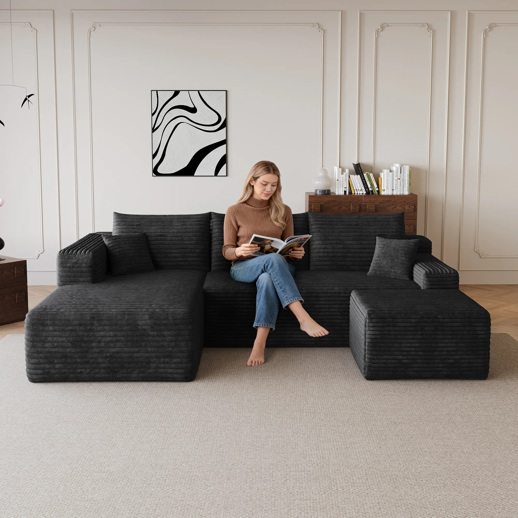 Cloud Sectional Sofa with Ottoman – 95-Inch U-Shaped Couch, Deep Seat, Plush Black Corduroy, No Assembly Required, Modern Minimalist Design for Living Room