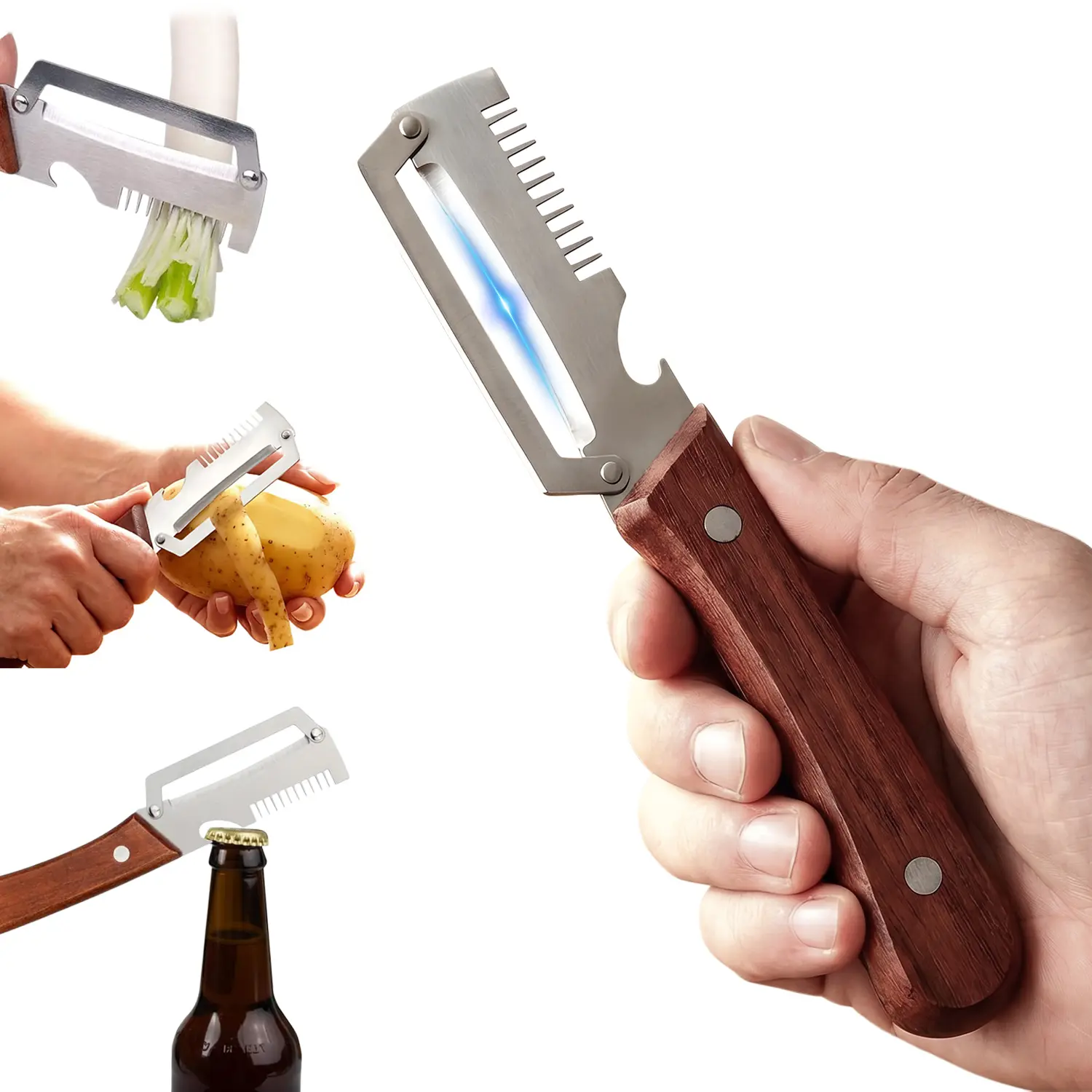 Vegetable Peeler with Wooden Handle and Bottle Opener, Multi-Functional Stainless Steel Fruit Peeler for Kitchen, Kitchen Gadgets Tool for Fruit Pumpkin Peeling Potato Carrot Veggie Peeler