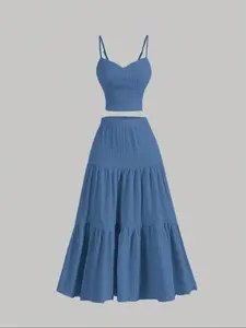 Women's Solid Crop Cami Top & A-line Skirt Two-piece Set, Casual Fashion Cozy Minimalist Two Piece Spaghetti Strap Outfits for Daily Wear, Ladies Clothes for Summer, Womenswear, Casual Formal Set, Matching Clothing Set