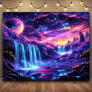 Fantasy Meteor Night Sky Tapestry - Vibrant Polyester Photography Backdrop with Waterfalls, Planets & Stars, Perfect for Party & Home Decor, Indoor/Outdoor Use, Photography Background |   Fantasy Landscape |   Polyester Tapestry, Moon And Stars Decor