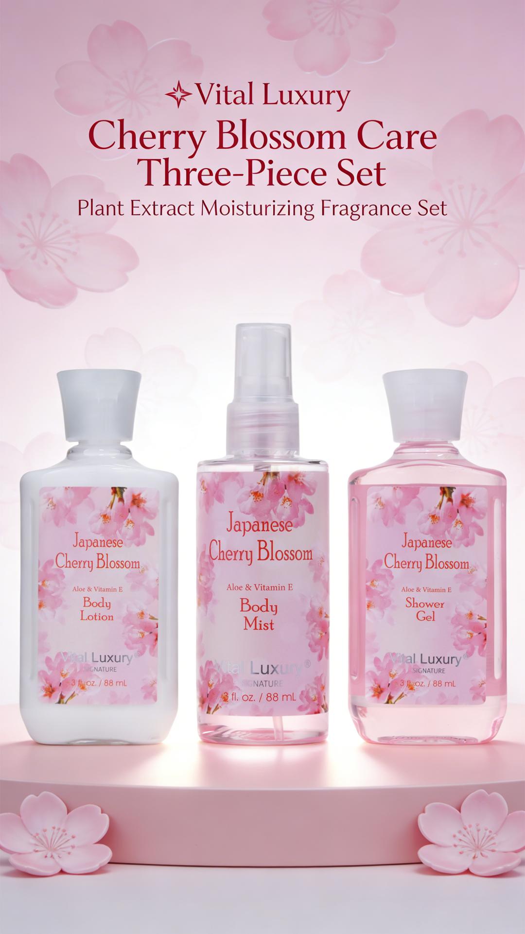 Japanese Cherry Blossom Bath & Body Travel Set – 3oz Shower Gel, 3oz Body Lotion, 3oz Body Mist & 2.5oz Bath Salts | Silky Lather, All-Day Fresh Scent, Moisturizing & Revitalizing | Ideal Gift for Mom, Wife, Sister & Girlfriend