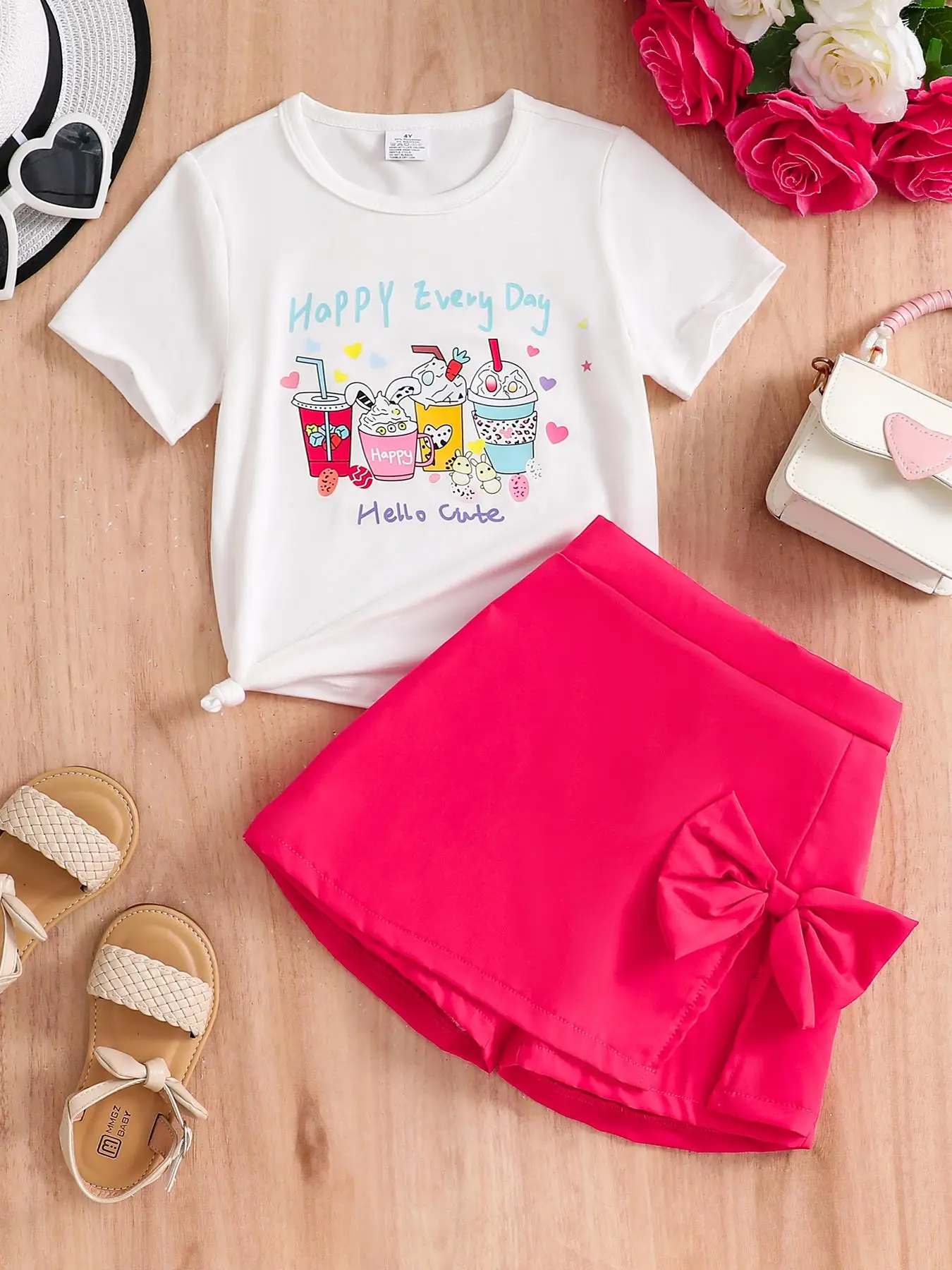 Girl's Letter Print Short Sleeve Tee & Bow Decor Pantskirt Two-piece Set, Casual Round Neck T-shirt & Elastic Waist Bottoms for Summer, Kids Clothes f