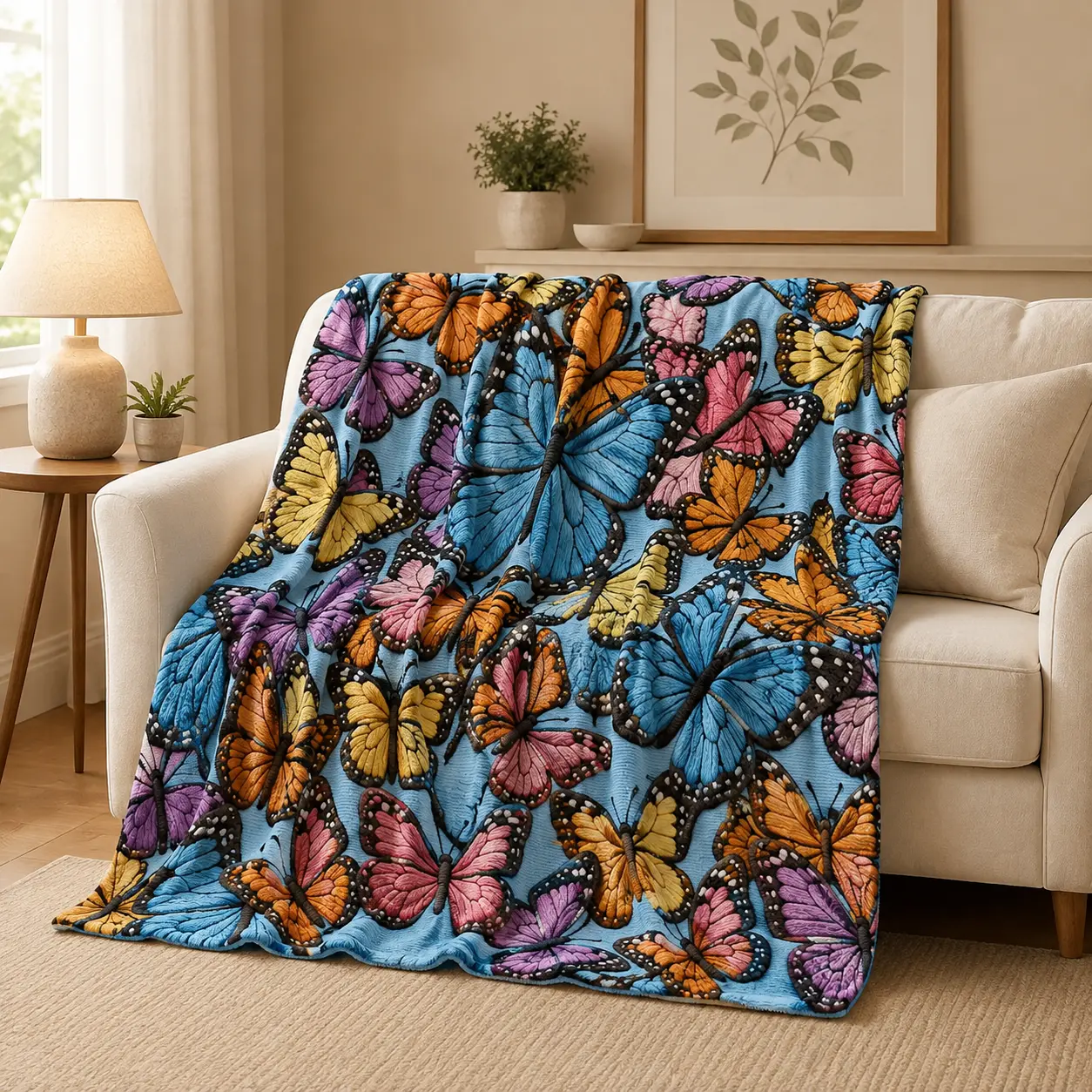 Colorful Butterfly Print Flannel Throw Blanket, Super Soft Lightweight Blue Fleece Blanket for Adults & Kids, Pink Orange Yellow Butterfly Pattern Cozy Blanket with Plain White Reverse, Bed Chair Gift