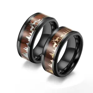 Elegant Elk Herd Pattern Stainless Steel Ring with Wood Grain Inlay for Daily Wear, Party Gifts, Mother's Day & Christmas Presents