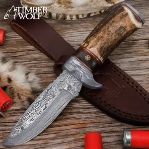 "Timber Wolf Whitetail Ridge Skinning Knife   4 1/2"" Damascus Steel Blade   8 1/2"" Overall Length   Stag Bone & Heartwood Handle   Premium Leather Sheath"