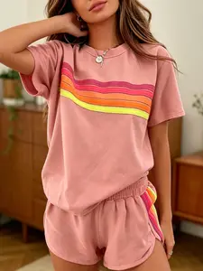 Two-piece women's fashion casual sportswear set, loose and slim-fit with rainbow striped design, perfect for summer, vacations, indoor, and outdoor wear, Womenswear