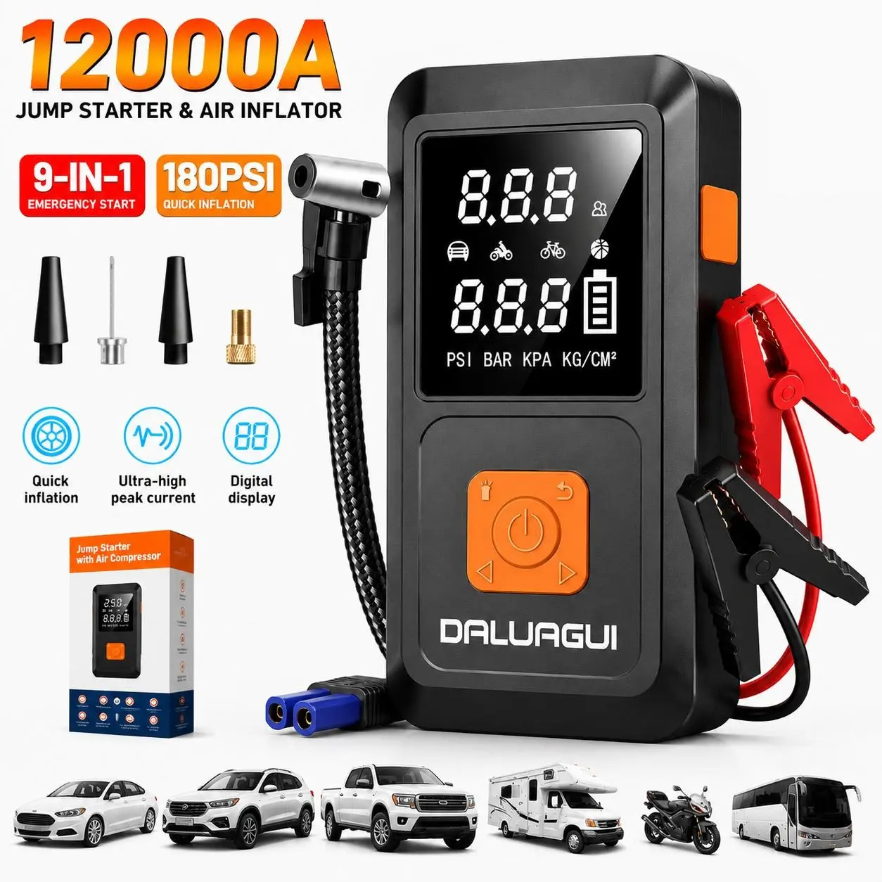 12000A 9-in-1 Multi-Functional Emergency Jump Starter with Air Pump, 180PSl Portable Car Battery Jumper, Digital Tire, LED Emergency Light, Car Accessories, High-Performance Pump, Portable Emergency Jump Starter, Emergency Kit, Outdoor Adventurer