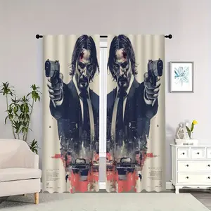 Urban night scene themed curtains for a man in a suit holding a gun; blackout, heat-insulating, and soft; suitable for home décor.