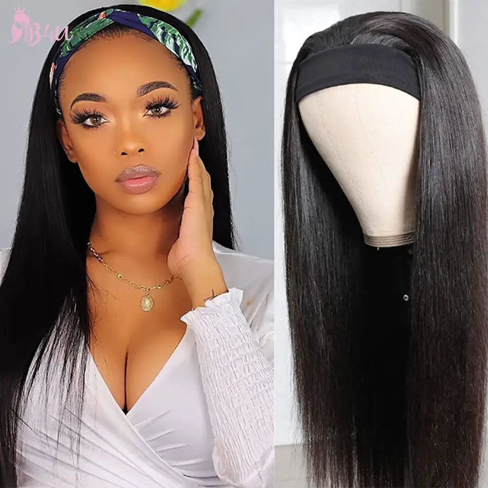 B4U Hair Headband Wig Human Hair Straight Quick Wrap Headband wig 16 inch Wigs