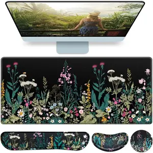 Desk Mat Large Gaming Mouse Pad with Wrist Rest 4in1 XXL Set: Mousepad Keyboard Wrist Rest Mouse Wrist Support Cup Coaster Ergonomic Floral Computer Desk Pad for Home Office Women Decor