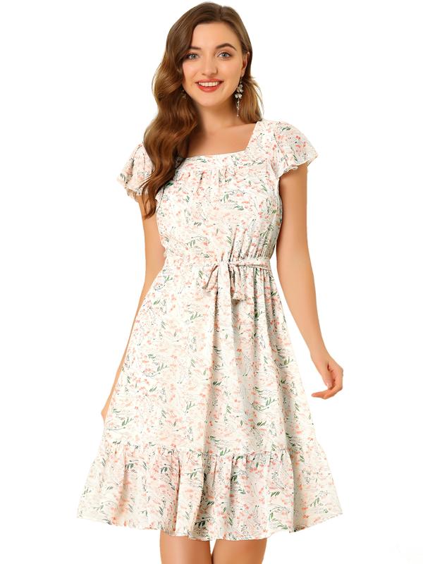 INSPIRE CHIC Floral Chiffon Flutter Sleeve Belted Square Neck Ruffled Hem Dress White-Floral