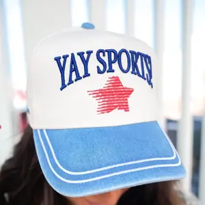 KenzKustomz Yay Sports! Denim Vintage Trucker Hat Cotton Adjustable Snapback Closure Fun Design Ships Immediately