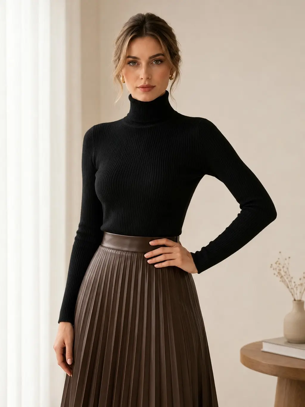 Women's Ribbed Knitwear Pullover - High Neck, Long Sleeve, Button Front, Slim Fit, Medium Length Top with Polyester-Elastane Fabric, Casual Style, Basic, Machine Washable, Clothes