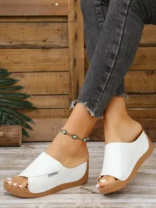 Women's Solid Color Slip on Wedge Sandals, Casual Comfortable Non-slip Sandals for Summer, Lightweight Breathable Shoes for Daily Wear, Girl, Elegant Minimalist Sandals