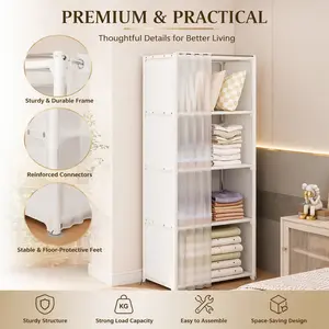 Narrow Storage Cabinet with Transparent Curtains, Open Shelves Organizer for Small Spaces, Dust-Proof Wardrobe Closet Cabinet for Bedroom and Corners