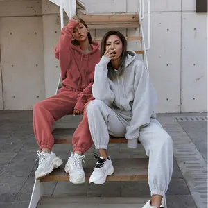 European-American Women's Fall/Winter New Arrival Casual Sweatshirt Jacket Set Sporty Style Warm Comfortable Fabric Trendy Look Perfect for Effortless Cold Season Casual Outfits Clothes Womenswear Light Gray Fitted Long Sleeve Suits