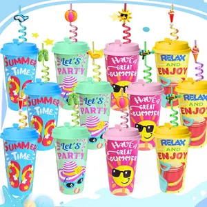 24 Sets Pool Beach Birthday Party Decorations Cups with Summer Silly Straws Bulk, 16 OZ Pool  Plastic Cups with , Summer Party Favors Supplies for