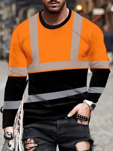 Men's Fashion Striped Print Long Sleeve Shirt, Street Style 3D Print Casual Sports Top, Micro Stretch Fabric, Round Neck