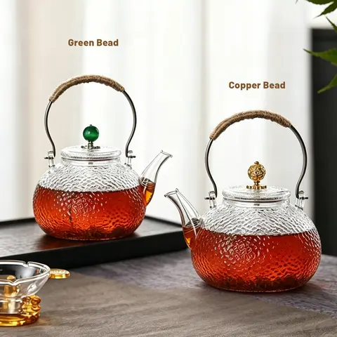 700ml Vintage Hammered Glass Texture High Borosilicate Glass Teapot (500-1000ml Range) - Machine Made, Copper Handle, Removable Infuser with Built-in Filter, Heat Resistant Explosion-Proof, Leaffree Sip, for Home Brewing Coffee & Herbal Loose Tea